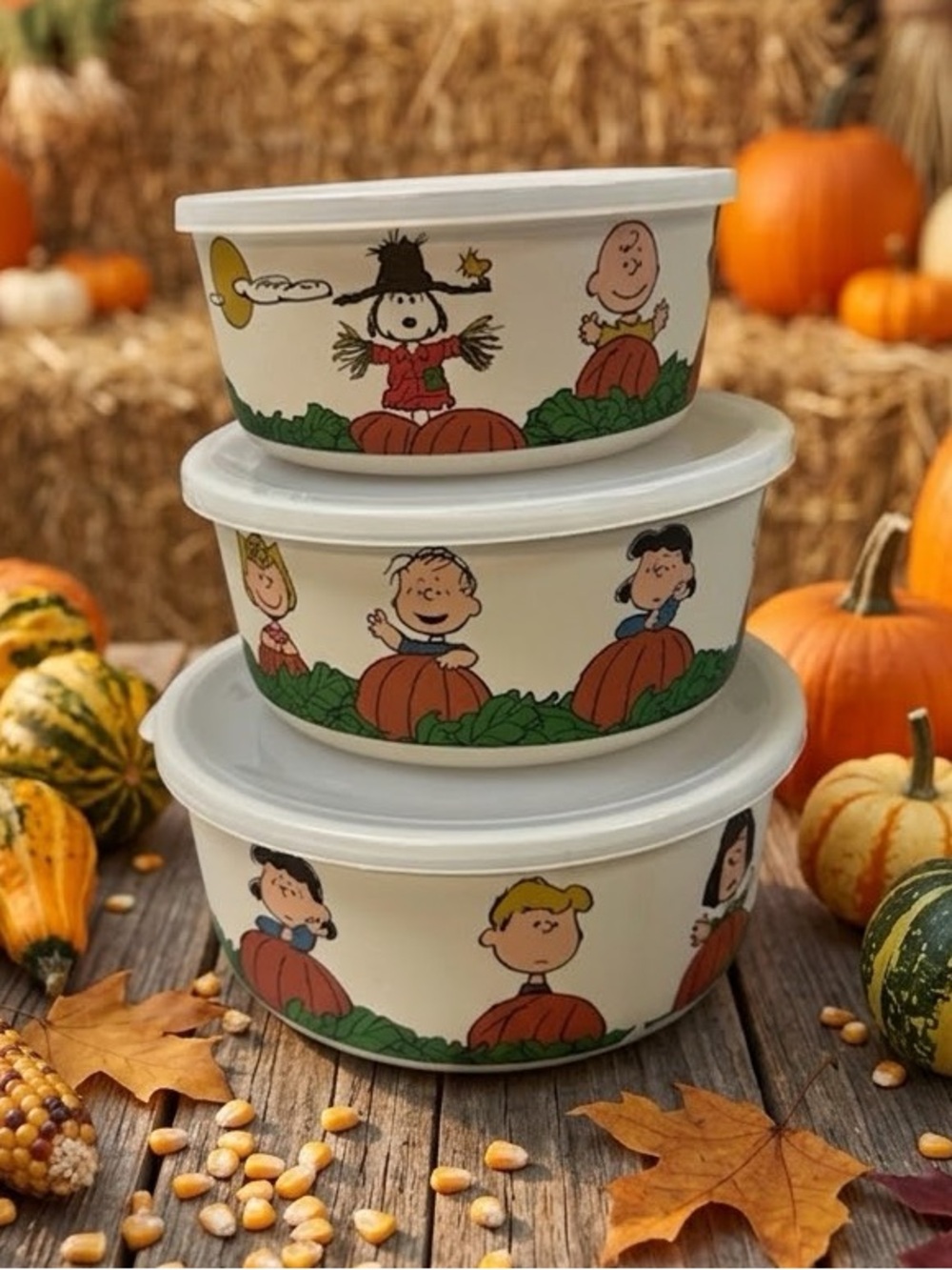 Peanuts Halloween Stackable Storage Bowl Set - Cream with Orange Pumpkins